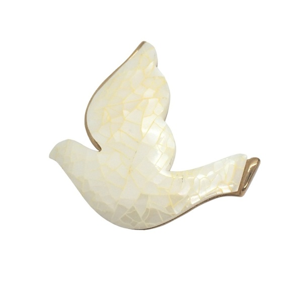 VINTAGE LIZ CLAIBORNE MOP DOVE BROOCH PIN GOLD TONE MOSAIC PEACE CHRISTMAS BIRD - Picture 4 of 16